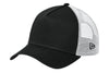 Black and white cap with mesh back on a white background