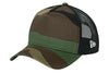 Camouflage-patterned cap with black mesh back on a white background