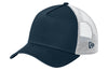 Navy blue and white trucker cap on a white background
