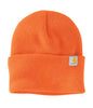 Brite Orange Carhartt Watch Cap Beanie. Includes a hand sewn Hermann Oak Leather Patch laser etches with your logo.