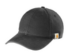 Black Carhartt canvas dad cap with authentic woven label, angled view. Plenty of room for your branded custom leather patch.