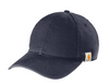 Navy blue Carhartt canvas dad cap with authentic woven label, angled view. Plenty of room for your branded custom leather patch.