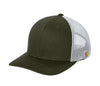 Carhartt Flexfit 110 performance snapback hat in Moss with White mesh, ready for custom leather patch branding.