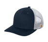 Carhartt Flexfit 110 performance snapback hat in Navy with White mesh, ready for custom leather patch branding.