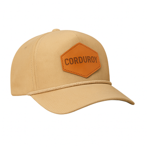 Khaki Corduroy 5 Panel Cap with Leather Patch