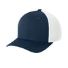 Flexfit 6533 Ultrafiber Airmesh cap in navy and white, side view