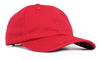 Made in USA custom dad hat in red with adjustable snapback - angled view showing pre-curved visor