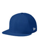 New Era NE404 diamond era flat bill snapback hat in Flag Royal with custom laser engraved Hermann Oak leather patch, side view