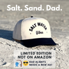 Cap with 'Salt Water Vibes' text on a sandy background, featuring promotional text about a limited edition product.