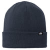 TravisMathew Solid Cuffed Beanie in the Blue Nights color option. Comes with custom engraved leather patch is sewn to the Beanie cuff.