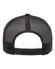 YP Classics 6606 retro trucker hat in Black with custom laser engraved Hermann Oak leather patch, back view
