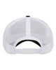 YP Classics 6606 retro trucker hat in Black/ White with custom laser engraved Hermann Oak leather patch, back view