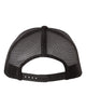 YP Classics 6606 retro trucker hat in Black/ White/ Black with custom laser engraved Hermann Oak leather patch, back view