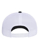 YP Classics 6606 retro trucker hat in Black/ White/ White with custom laser engraved Hermann Oak leather patch, back view