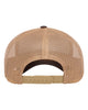 YP Classics 6606 retro trucker hat in Brown/ Khaki with custom laser engraved Hermann Oak leather patch, back view