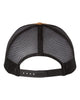 YP Classics 6606 retro trucker hat in Caramel/ Black with custom laser engraved Hermann Oak leather patch, back view