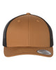 YP Classics 6606 retro trucker hat in Caramel/ Black with custom laser engraved Hermann Oak leather patch