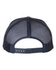 YP Classics 6606 retro trucker hat in Charcoal/ Navy with custom laser engraved Hermann Oak leather patch, back view