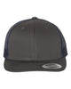 YP Classics 6606 retro trucker hat in Charcoal/ Navy with custom laser engraved Hermann Oak leather patch