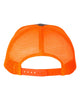 YP Classics 6606 retro trucker hat in Charcoal/ Neon Orange with custom laser engraved Hermann Oak leather patch, back view