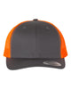 YP Classics 6606 retro trucker hat in Charcoal/ Neon Orange with custom laser engraved Hermann Oak leather patch