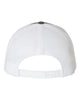 YP Classics 6606 retro trucker hat in Charcoal/ White with custom laser engraved Hermann Oak leather patch, back view