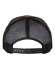 YP Classics 6606 retro trucker hat in Coyote Brown/ Black with custom laser engraved Hermann Oak leather patch, back view