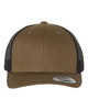 YP Classics 6606 retro trucker hat in Coyote Brown/ Black with custom laser engraved Hermann Oak leather patch