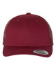 YP Classics 6606 retro trucker hat in Cranberry with custom laser engraved Hermann Oak leather patch