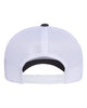 YP Classics 6606 retro trucker hat in Dark Heather/ White/ White with custom laser engraved Hermann Oak leather patch, back view