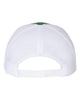 YP Classics 6606 retro trucker hat in Evergreen/ White with custom laser engraved Hermann Oak leather patch, back view