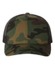 YP Classics 6606 retro trucker hat in Green Camo/ Black with custom laser engraved Hermann Oak leather patch