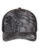 YP Classics 6606 retro trucker hat in Kryptek Raid with custom laser engraved Hermann Oak leather patch
