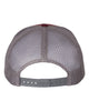 YP Classics 6606 retro trucker hat in Maroon/ Grey with custom laser engraved Hermann Oak leather patch, back view