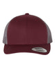 YP Classics 6606 retro trucker hat in Maroon/ Grey with custom laser engraved Hermann Oak leather patch