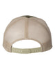 YP Classics 6606 retro trucker hat in Moss/ Khaki with custom laser engraved Hermann Oak leather patch, back view