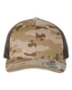 YP Classics 6606 retro trucker hat in Multicam Arid/ Brown with custom laser engraved Hermann Oak leather patch