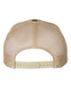 YP Classics 6606 retro trucker hat in Multicam Arid/ Tan with custom laser engraved Hermann Oak leather patch, back view