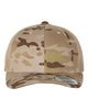 YP Classics 6606 retro trucker hat in Multicam Arid/ Tan with custom laser engraved Hermann Oak leather patch