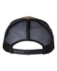 YP Classics 6606 retro trucker hat in Multicam Green/ Black with custom laser engraved Hermann Oak leather patch, back view