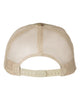 YP Classics 6606 retro trucker hat in Multicam Green/ Khaki with custom laser engraved Hermann Oak leather patch, back view