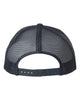 YP Classics 6606 retro trucker hat in Navy with custom laser engraved Hermann Oak leather patch, back view