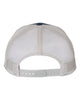 YP Classics 6606 retro trucker hat in Navy/ Silver with custom laser engraved Hermann Oak leather patch, back view