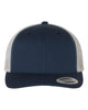 YP Classics 6606 retro trucker hat in Navy/ Silver with custom laser engraved Hermann Oak leather patch