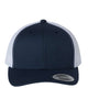 YP Classics 6606 retro trucker hat in Navy/ White with custom laser engraved Hermann Oak leather patch