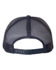 YP Classics 6606 retro trucker hat in Navy/ White/ Navy with custom laser engraved Hermann Oak leather patch, back view