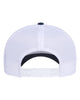 YP Classics 6606 retro trucker hat in Navy/ White/ White with custom laser engraved Hermann Oak leather patch, back view