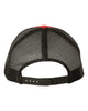 YP Classics 6606 retro trucker hat in Red/ Black with custom laser engraved Hermann Oak leather patch, back view