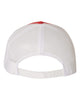 YP Classics 6606 retro trucker hat in Red/ White with custom laser engraved Hermann Oak leather patch, back view