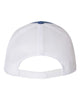 YP Classics 6606 retro trucker hat in Royal/ White with custom laser engraved Hermann Oak leather patch, back view